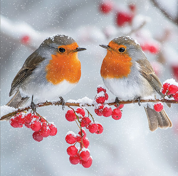 Robins and frosty berries